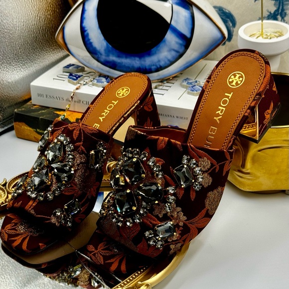 🆕 TORY BURCH 🧿NWOT Martine Jacquard Mid-Heel Slide, Burgundy Black Diamond Sz7 - Picture 13 of 16